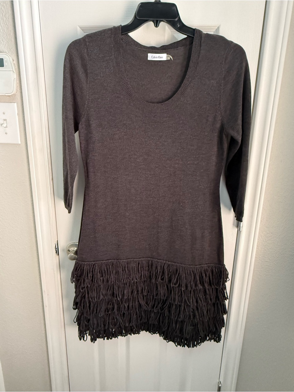Calvin Klein Women's Charcoal Fringe-Hem Knit Tunic Dress